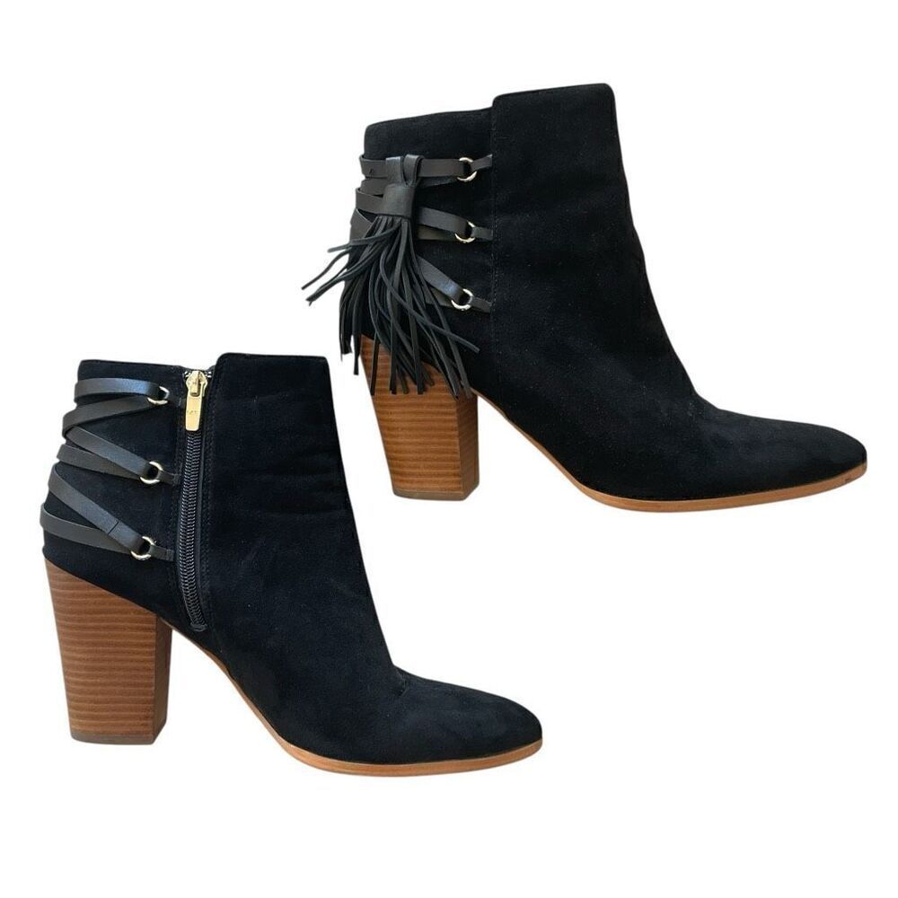 Marc Fisher Black Suede Brown Heeled Booties Boots Shoes Women’s Sz 10 M Fringe